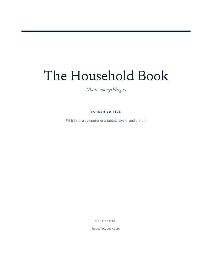 The first page of The Household Book. The title, the line Where everything is, and the words screen edition.