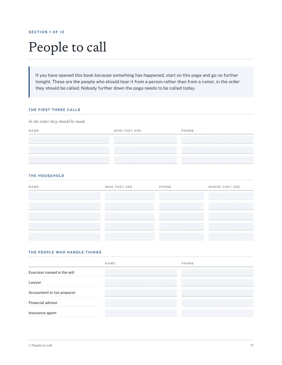 Section one of The Household Book, People to call: the first three calls, the household, and the people who handle things, each with a field for a name and a number.